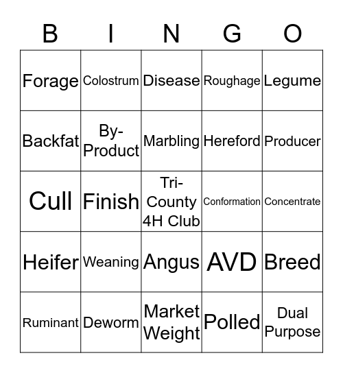 Bovine Bingo Card