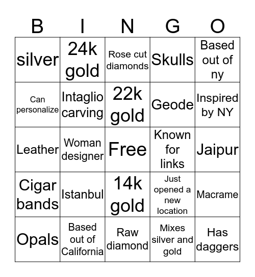 Jewelry Bingo Card