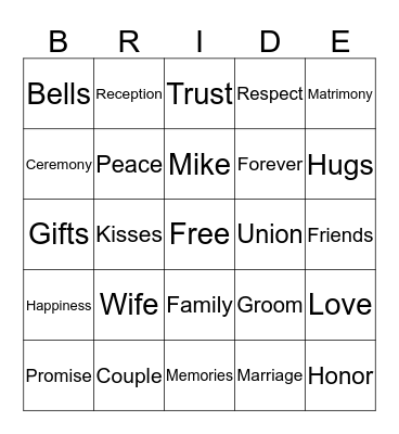 Bridal Bingo Card