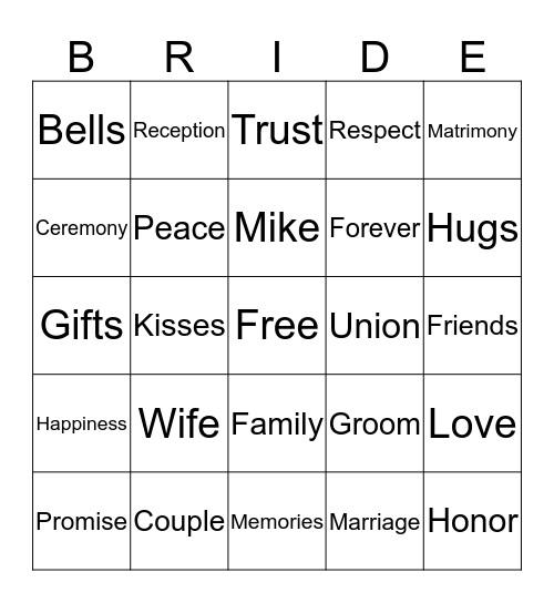 Bridal Bingo Card