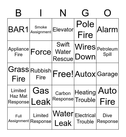 Fire Dispatch Bingo Card