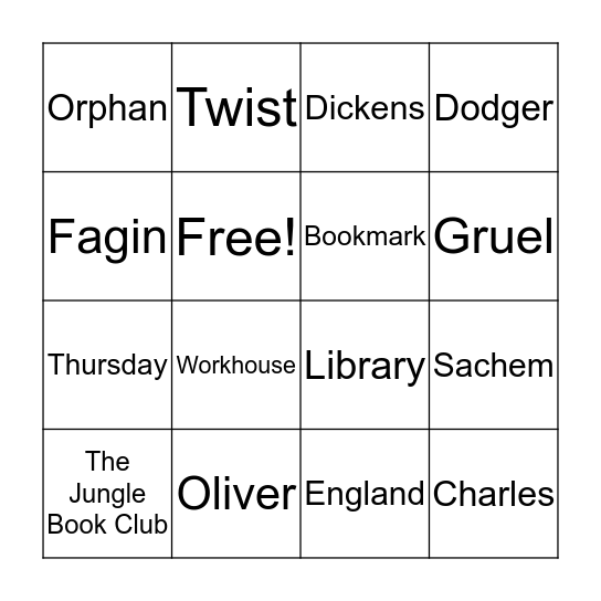 Oliver Twist Bingo -Book Club Bingo Card