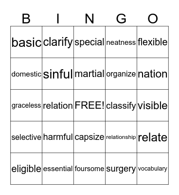 Suffix Bingo Card