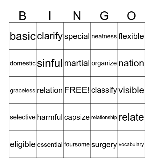 Suffix Bingo Card