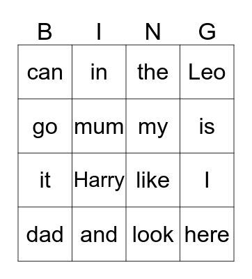 Words Bingo Card