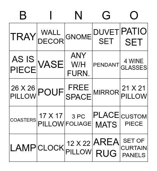 Urban Barn Bingo Card