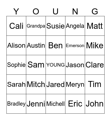 Young Family Bingo Card