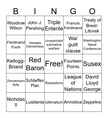 World War I Bingo Card