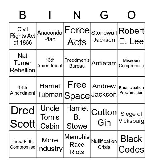 Civil War Bingo Card