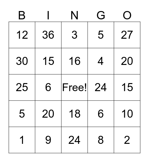 Multiplication Bingo Card