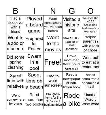 Back from Break Bingo Card