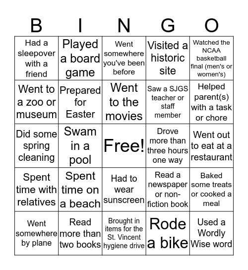 Back from Break Bingo Card