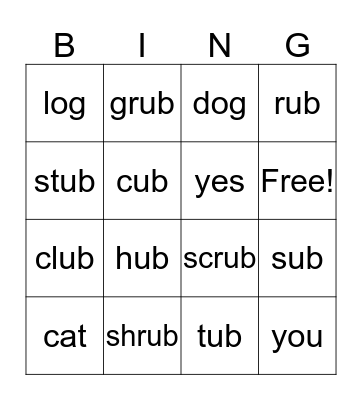 Ub Word Family Bingo Card