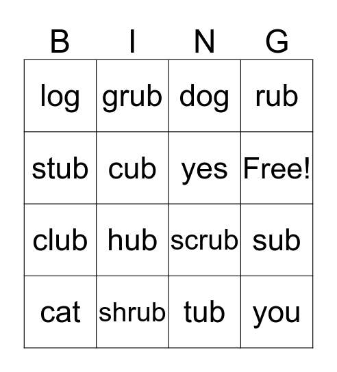 Ub Word Family Bingo Card