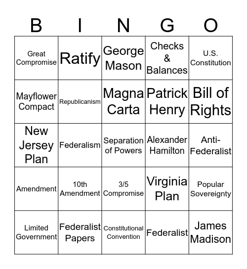 U.S. Constitution Bingo Card