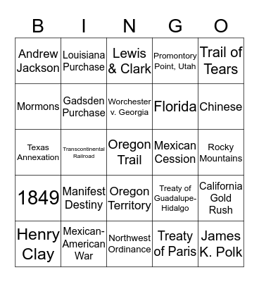 Westward Expansion Bingo Card