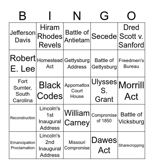 Sectionalism to Reconstruction Bingo Card