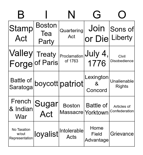 American Revolution #1 Bingo Card