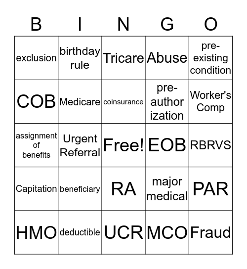 Medical Insurance Bingo Card