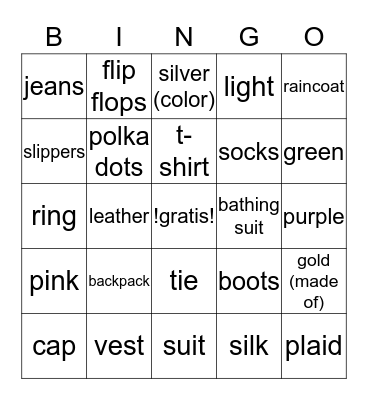La Ropa Bingo Card