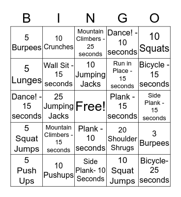 Fitness Bingo Card