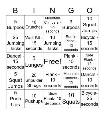 Fitness Bingo Card