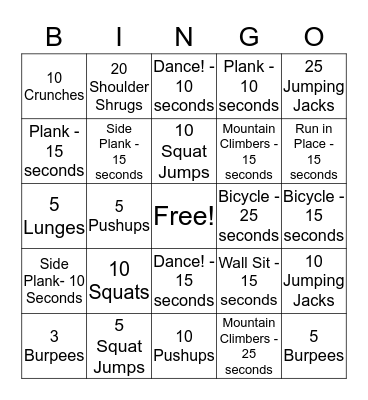 Fitness Bingo Card