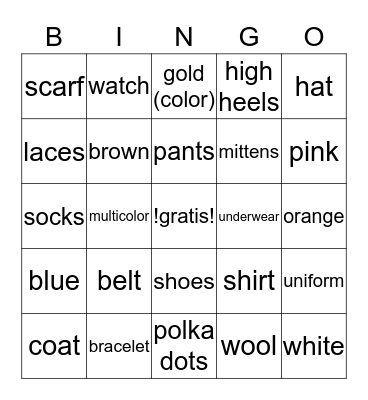 La Ropa Bingo Card