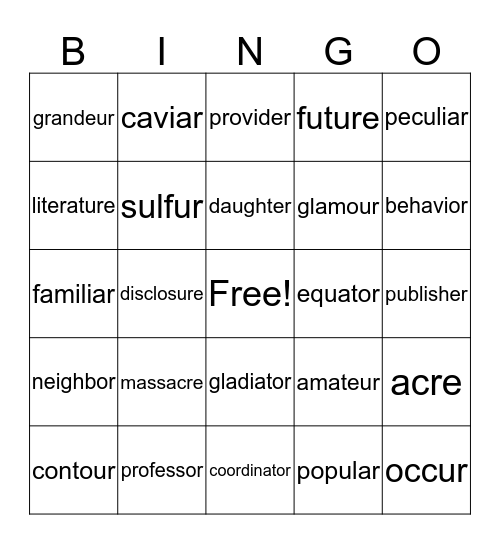 Unstressed Syllables Bingo Card