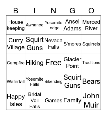 Yosemite Bingo Card