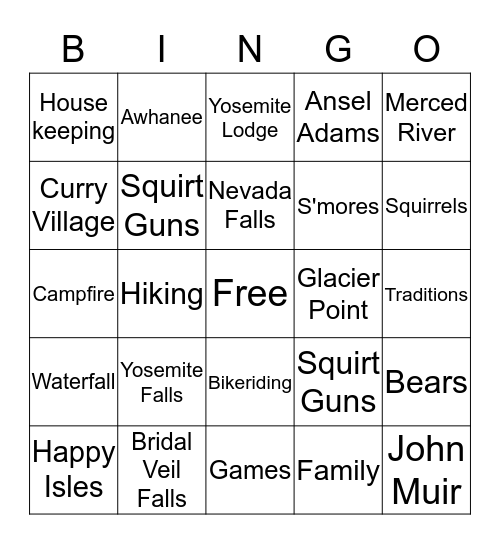 Yosemite Bingo Card