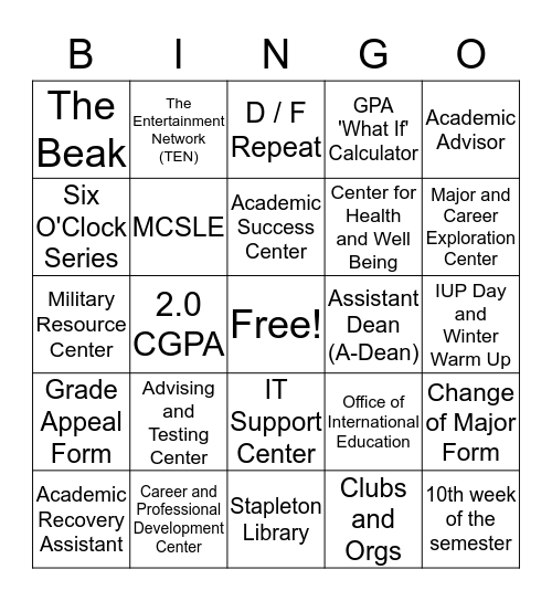 Campus Resource Bingo Card