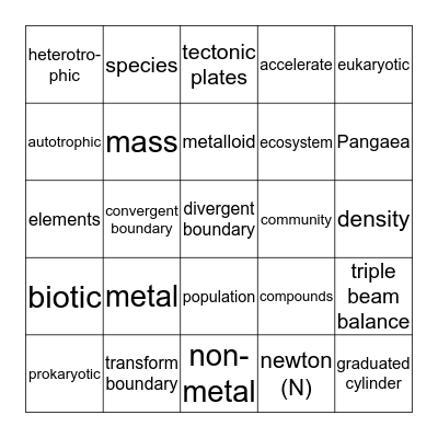 Science Vocabulary Bingo Card