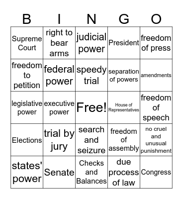 US Constitution Bingo Card