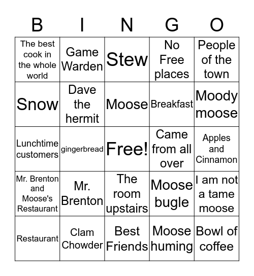 Blue Moose Bingo Card