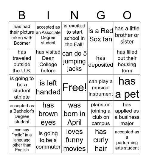 Meet Your Future Classmates Bingo Card