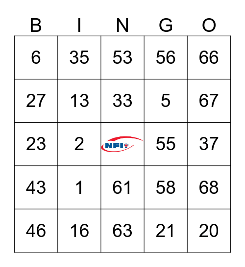 ***NFI SAFETY BINGO *** Bingo Card