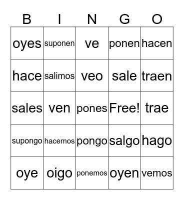 4.4 Verbs and their irregular "Yo" forms Bingo Card
