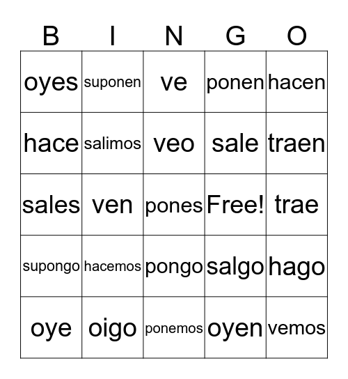 4.4 Verbs and their irregular "Yo" forms Bingo Card
