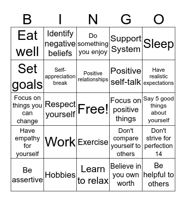 Ways To Increase Your Self-Esteem Bingo Card