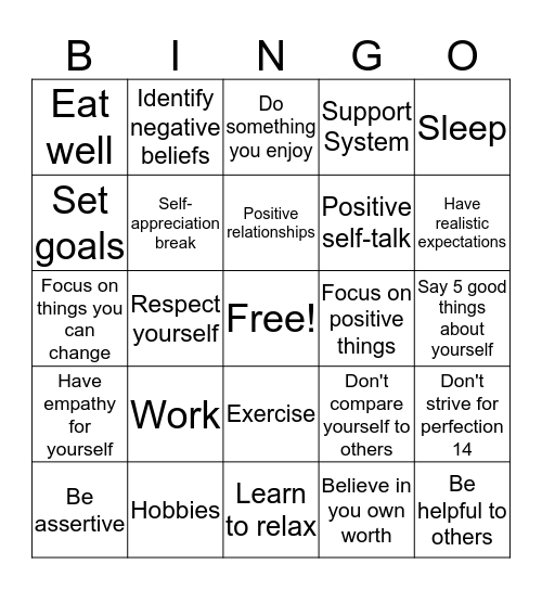 Ways To Increase Your Self-Esteem Bingo Card