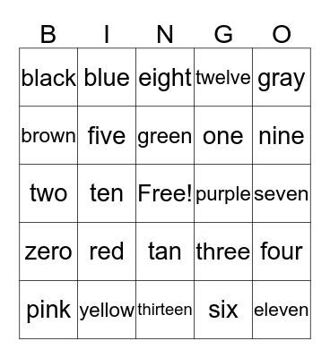 color and number words Bingo Card
