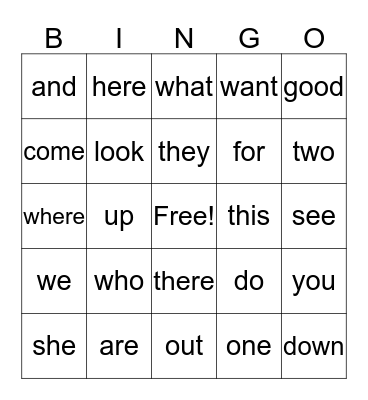 Kindergarten Sight Words Bingo Card