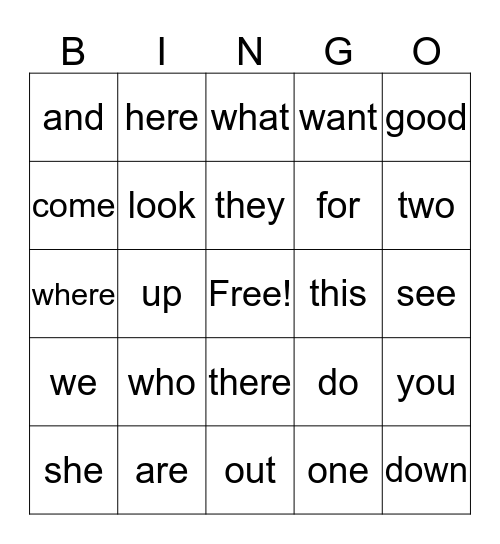 Kindergarten Sight Words Bingo Card