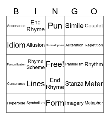 Poetry Bingo Card