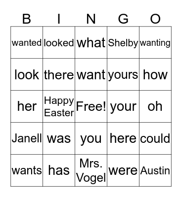 Happy Easter, Austin, Janell, and Shelby Bingo Card