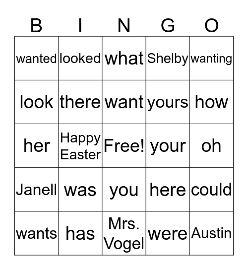 Happy Easter, Austin, Janell, and Shelby Bingo Card