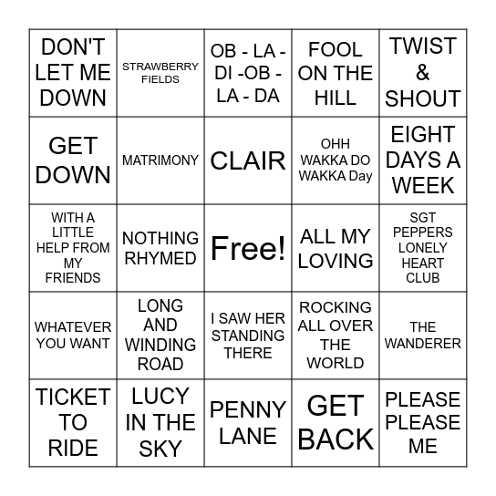 BEATLES VS STATUS QUO VS GILBERT Bingo Card