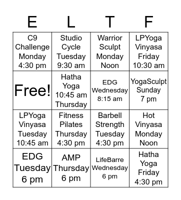 Eagan Summertime Workout Bingo Card