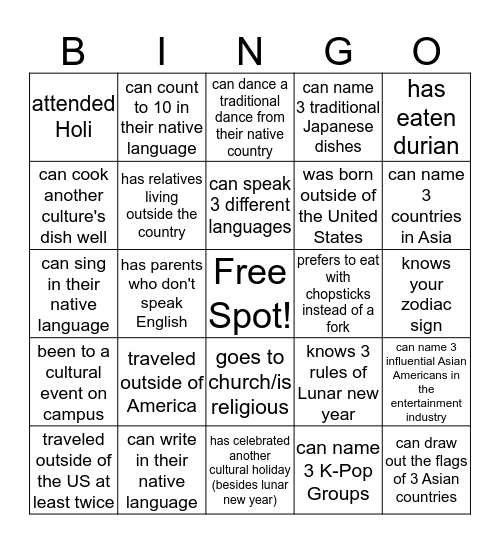 Cultural Bingo  Bingo Card